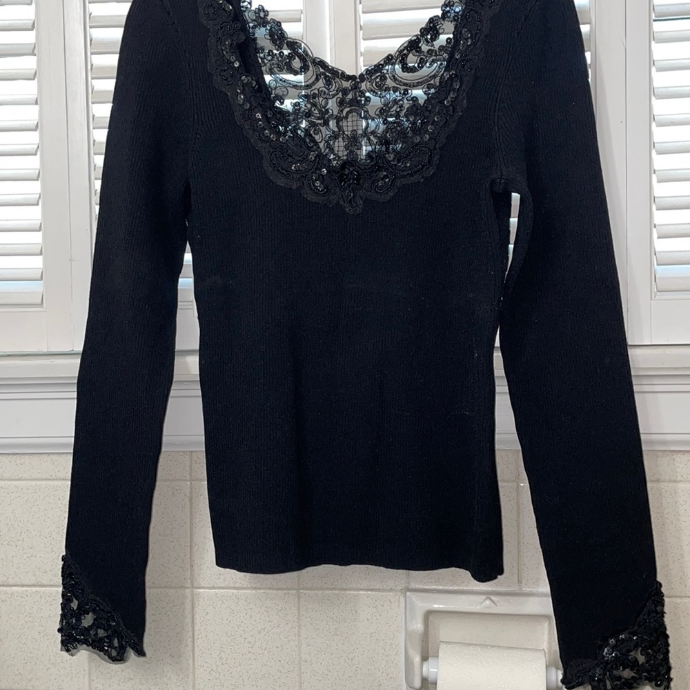 Cache black sequin luxury ribbed top laced detail quality shirt birthday party
